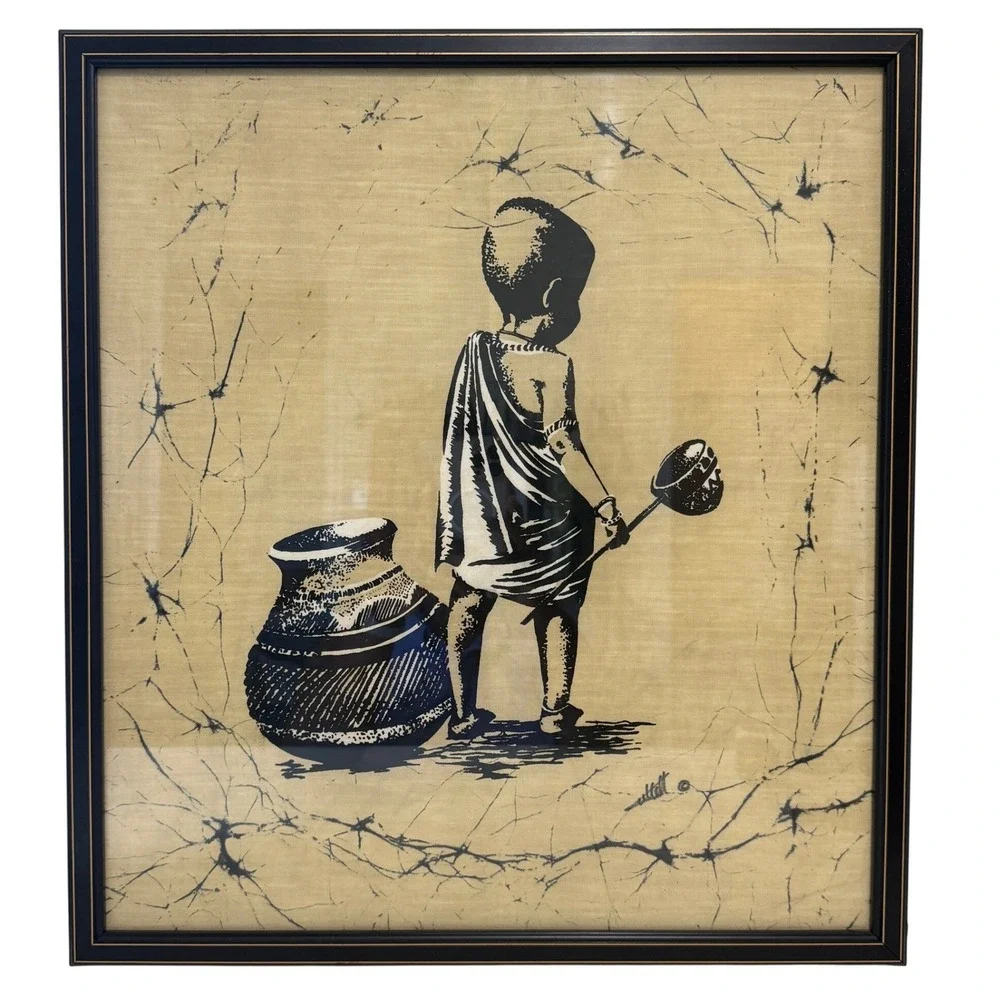 Vintage African Tribal Textile Wall Art Framed Neutral 20x18 Artisan Signed